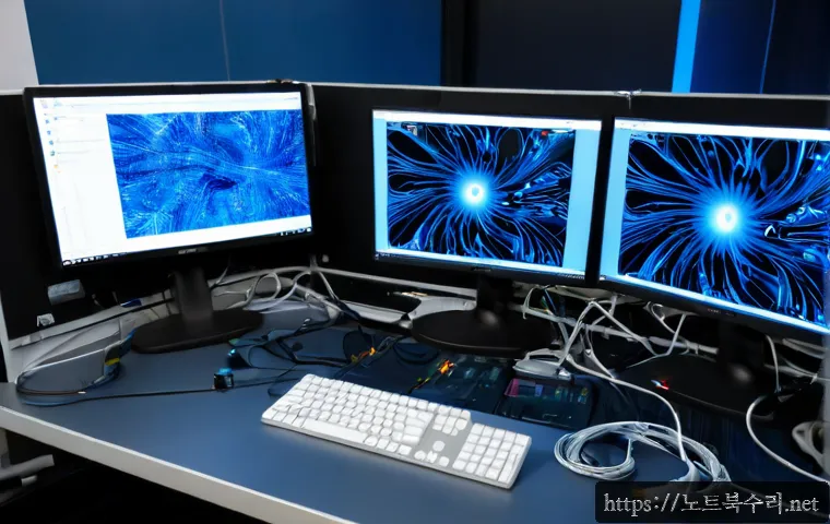 황계동 WATCHDOG_VIOLATION - Photorealistic IT support workstation in a compact Hwanggye-dong office, dual monitors frozen on abs...