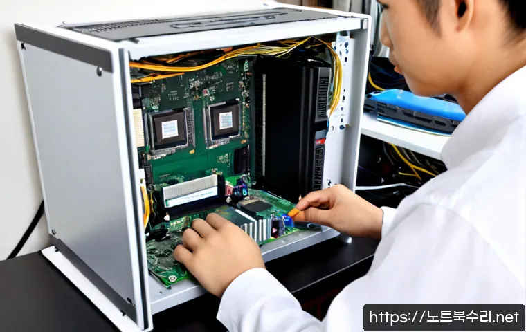 자양동 메모리조립 및 교체수리 - Photorealistic computer repair workstation in Jayang-dong, technician carefully seating two new desk...