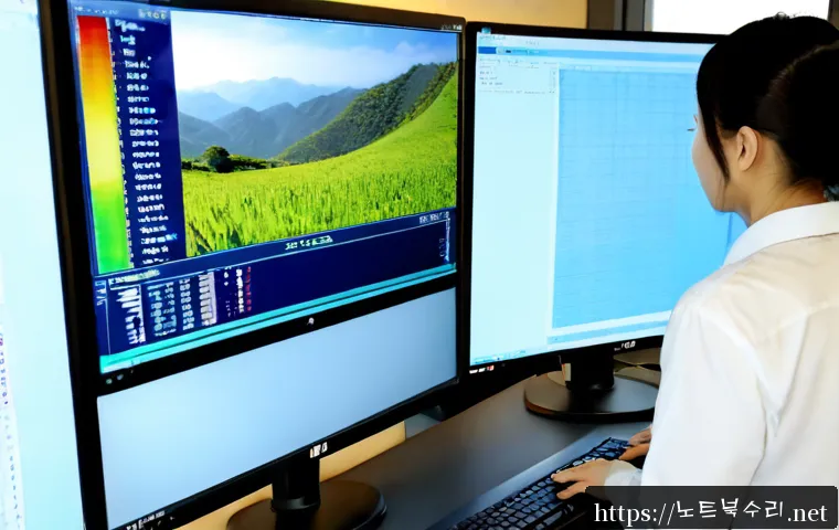 안양시 MACHINE_CHECK_EXCEPTION - Photorealistic IT support workstation in Anyang, South Korea, dual monitors showing an abstract unla...