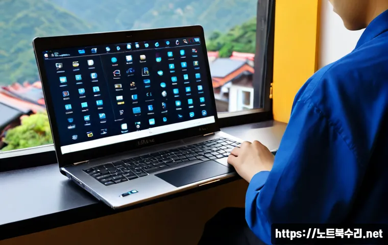 삼각산동 맥북프로 판매 및 수리 - Photorealistic premium aluminum laptop repair workstation in Samgaksan-dong, technician carefully re...