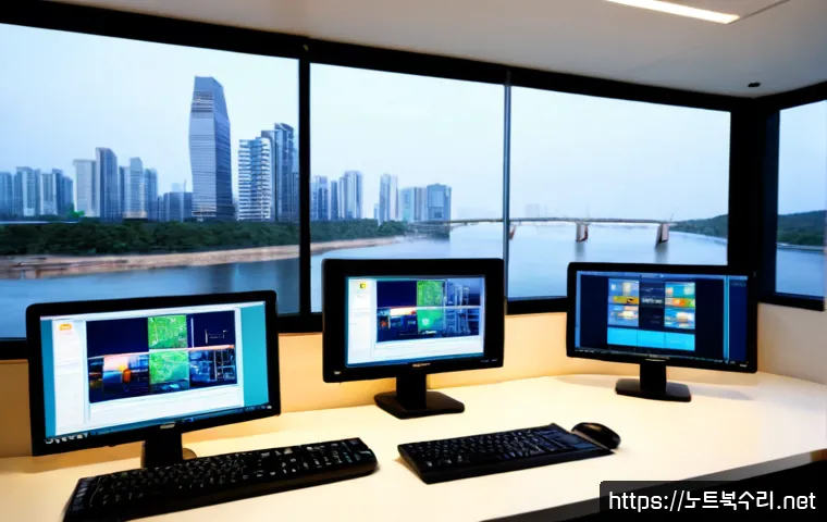 송파구 CRITICAL_OBJECT_TERMINATION - Photorealistic IT emergency workstation in a modern Songpa business office, dual monitors showing ab...