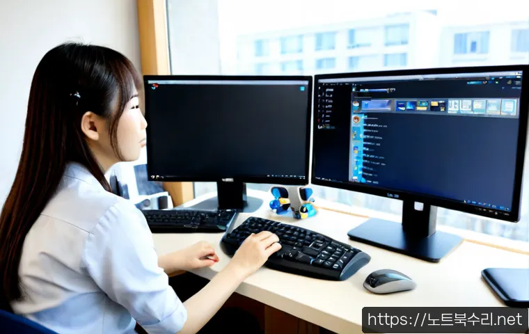 시천동 STATUS_IMAGE_NOT_FOUND - Photorealistic IT support workstation in a compact Korean neighborhood office, dual monitors display...