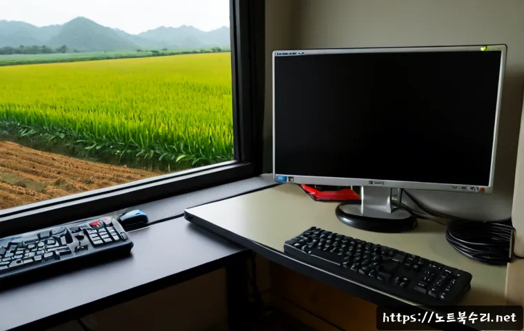 마도면 a disk read error occurred - Photorealistic remote-support workstation in a quiet Madomyeon countryside office, desktop monitor s...