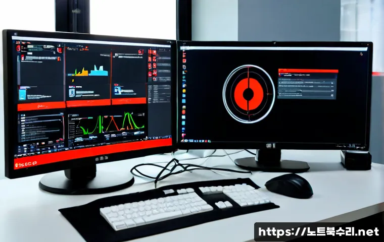 역곡동 STATUS_IO_ERROR - Photorealistic Korean IT support workstation in a compact Yeokgok-dong office, dual monitors showing...