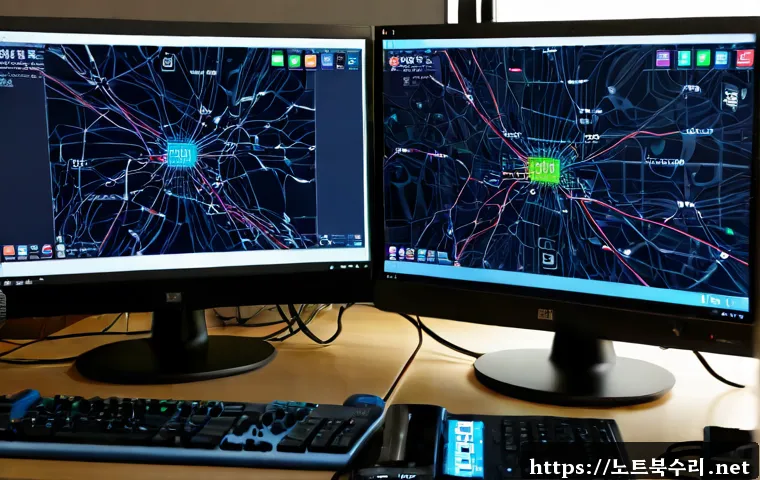 중계동 STATUS_KERNEL_NETWORK_ERROR - Photorealistic IT support workstation in a quiet Junggye-dong apartment study, dual monitors showing...