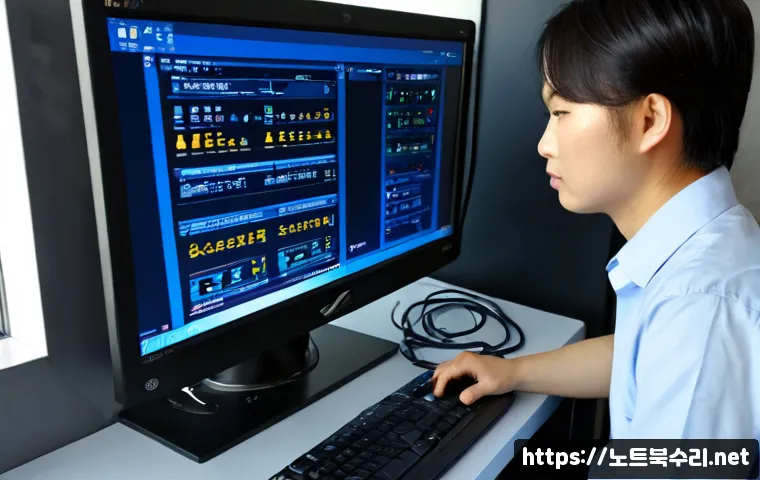 북면 BAD_SYSTEM_CONFIG_INFO - Photorealistic IT support workstation in a quiet Buk-myeon office, desktop monitor showing a plain b...