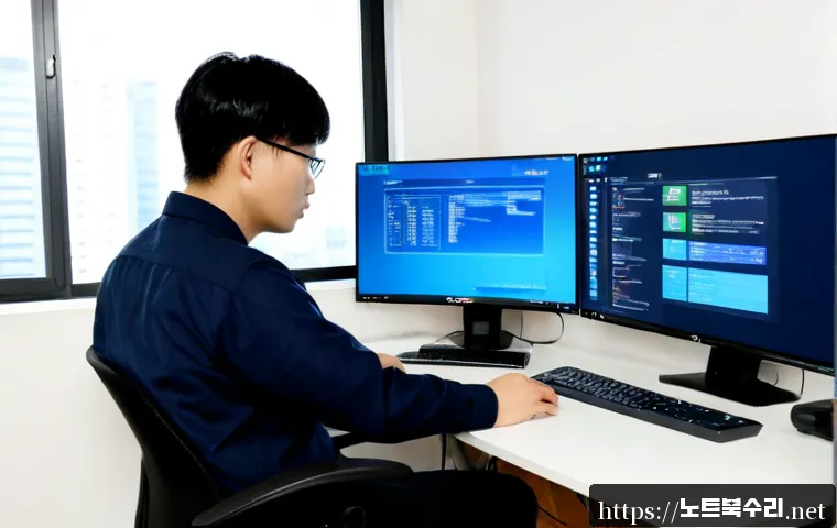 목감동 STATUS_KERNEL_FILE_SYSTEM_ERROR - Photorealistic remote-support workstation in a compact Mokgam-dong apartment office, dual monitors s...