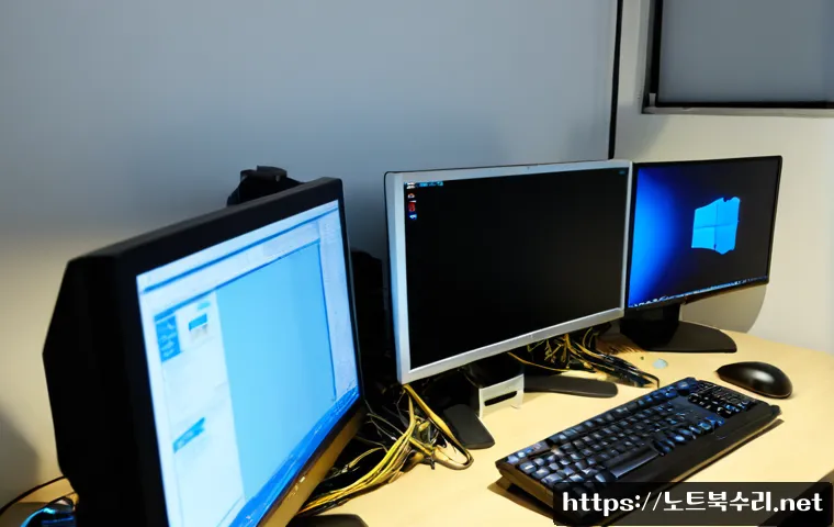 신천동 DRIVER_IRQL_NOT_LESS_OR_EQUAL - Photorealistic IT support workstation in Sincheon-dong, Seoul, dual monitors showing a blank blue sy...