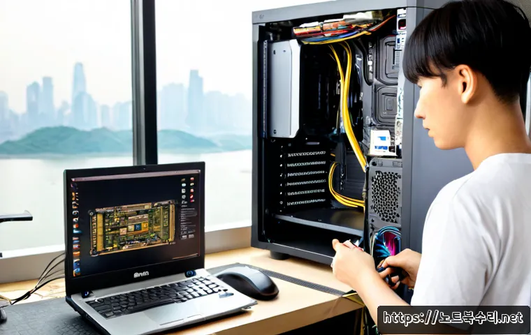 광장동 VGA조립 및 교체수리 - Photorealistic computer repair workstation in a Gwangjang-dong apartment home office, technician car...