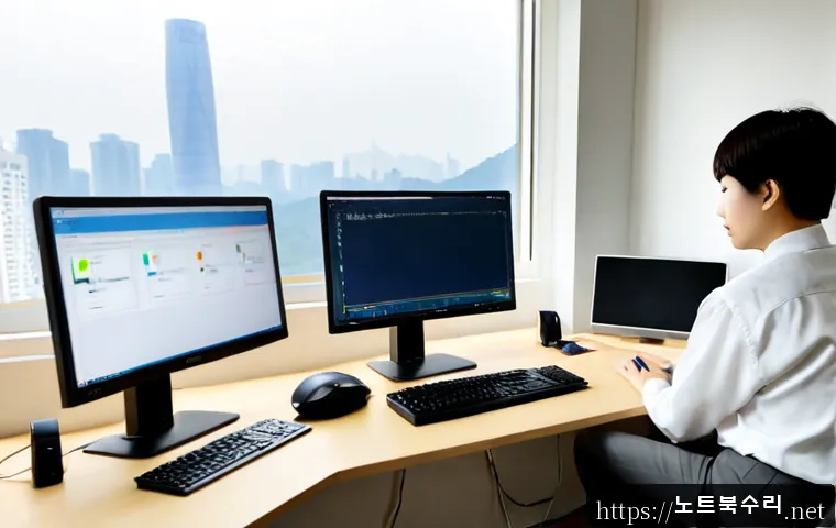 여흥동 STATUS_INVALID_DISPOSITION - Photorealistic remote-support workstation in a quiet Yeohung-dong apartment office, dual monitors sh...