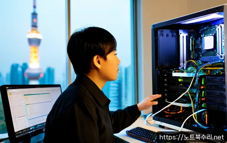 도일동 bootdevice - Photorealistic IT support workstation in a compact apartment office, technician inspecting a desktop...