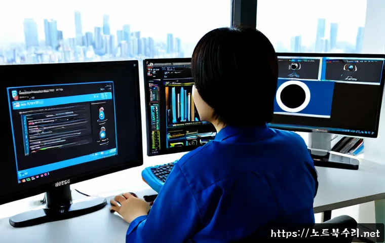 서대문구 UNMOUNTABLE_BOOT_VOLUME - Photorealistic IT support workstation in Seodaemun district, Seoul, a desktop monitor showing a blan...