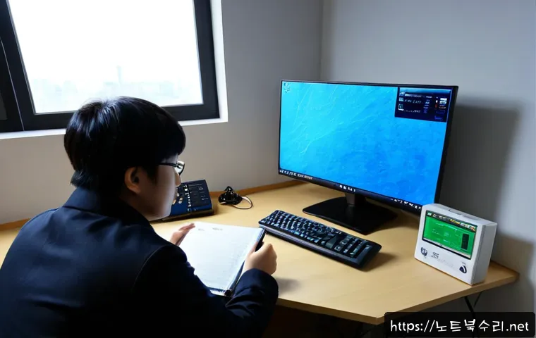 평안동 STATUS_KERNEL_CONNECTION_TIMEOUT - Photorealistic remote-support workstation in a compact Pyeongan-dong office, frustrated IT technicia...