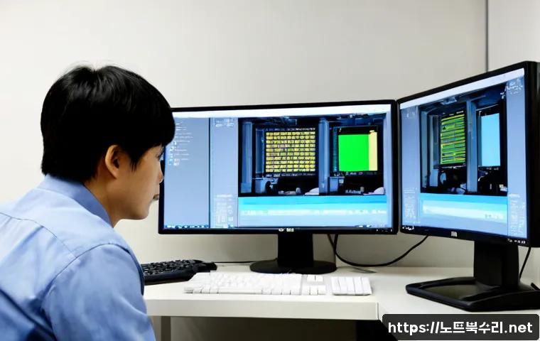 사사동 STATUS_INVALID_PAGE - Photorealistic IT support workstation in a compact industrial office near Sasang-dong, dual monitors...