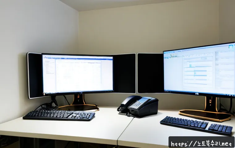 견지동 절전모드 - Photorealistic IT support workstation in a quiet Gyeonji-dong office, dual monitors showing a dimmed...
