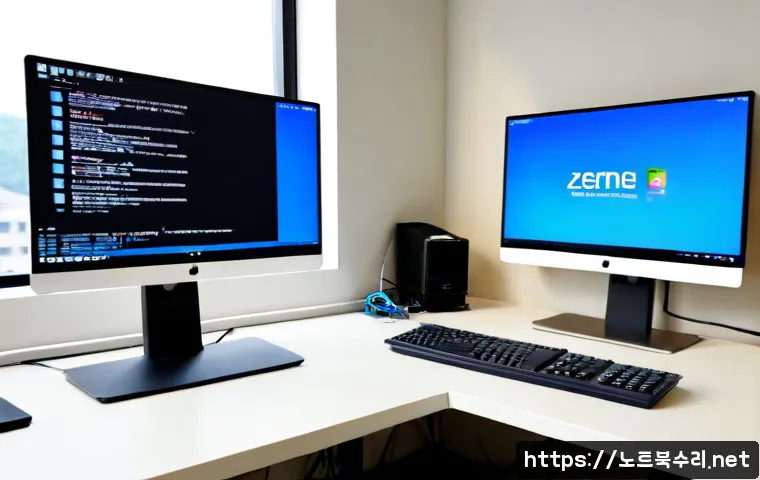별내면 WATCHDOG_VIOLATION - Photorealistic IT support workstation in a modern suburban office near Byeollae-myeon, dual monitors...