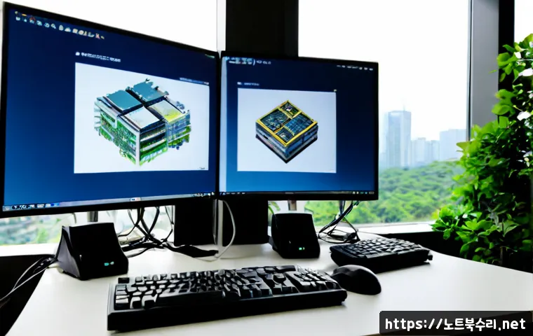 양재동 STATUS_DISK_CORRUPTION - Photorealistic IT workstation in a quiet Yangjae-dong office tower, dual monitors showing a clean ab...