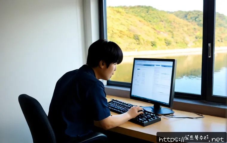 행주동 NTLDR is compressed - Photorealistic IT support workstation in a quiet Haengju-dong office, technician examining a vintage...