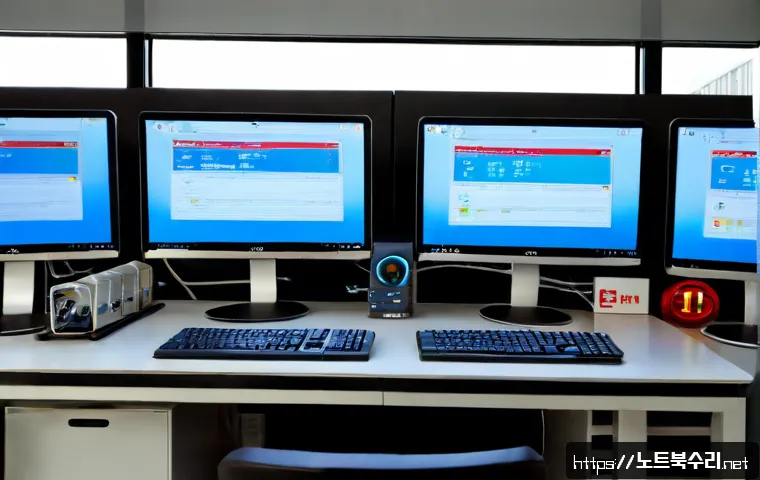 보라매동 STATUS_KERNEL_HANDLE_INVALID - Photorealistic IT support workstation in Boramae-dong, dual monitors showing a blank technical inter...