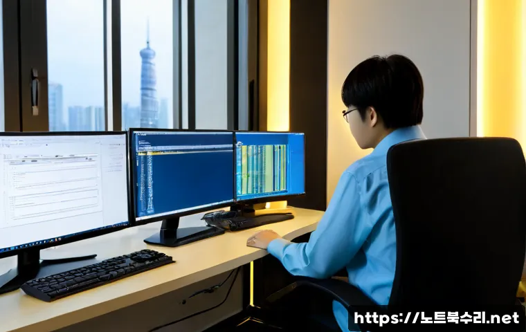 거모동 STATUS_ACCESS_VIOLATION - Photorealistic Korean IT support workstation in a compact Gomo-dong office, dual monitors showing a ...