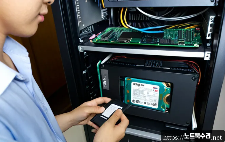 장록동 STATUS_DISK_NOT_INITIALIZED - Photorealistic IT support workstation in Jangnok-dong, a technician examining an uninitialized exter...