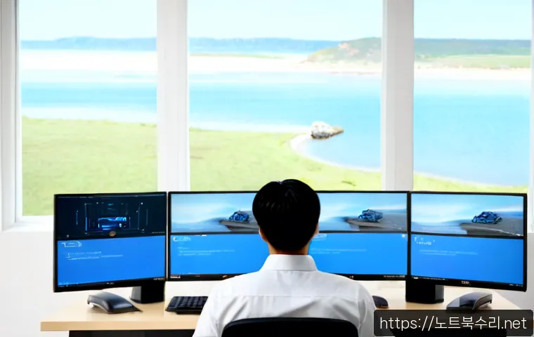 대부동 STATUS_KERNEL_FILE_SYSTEM_ERROR - Photorealistic remote IT support workstation in a modern coastal design office, dual monitors showin...