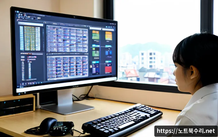 어룡동 MEMORY_MANAGEMENT - Photorealistic computer repair workstation in a compact Korean neighborhood office, dual monitors di...