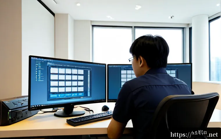 노원구 STATUS_FILE_IN_USE - Photorealistic IT support workstation in a modern apartment office near a quiet northeastern Seoul r...