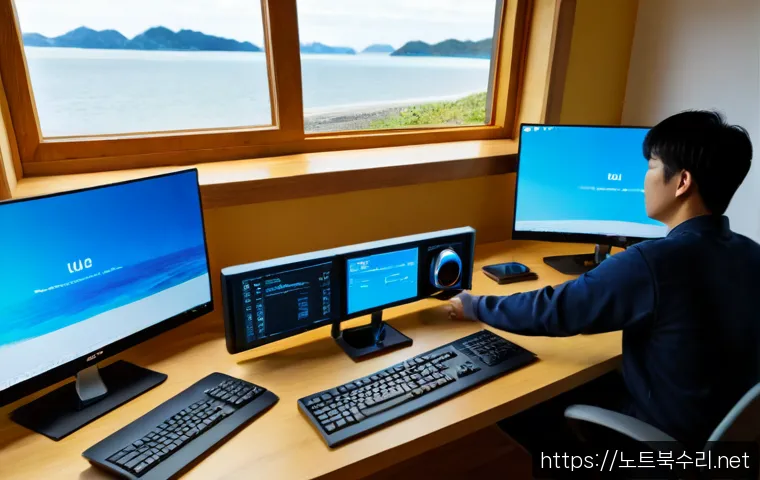 무의동 IRQL_NOT_LESS_OR_EQUAL - Photorealistic remote-support workstation in a quiet coastal home office on Muui Island, dual monito...
