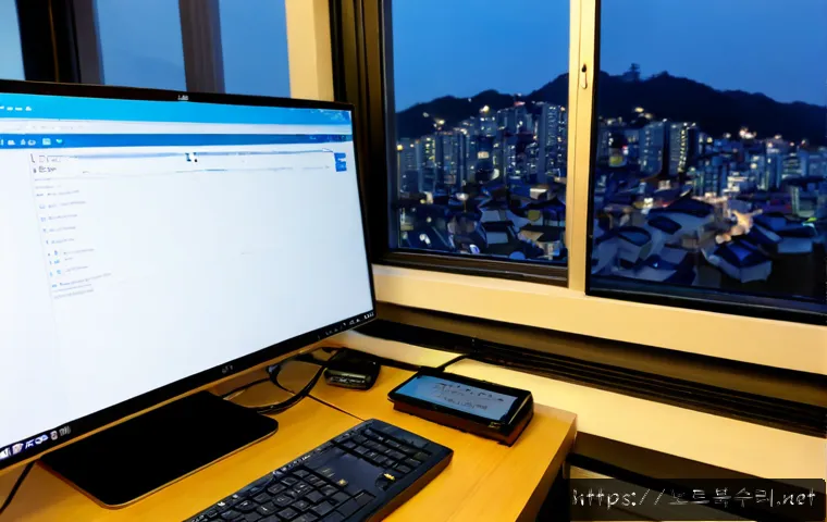 양지동 STATUS_KERNEL_CONNECTION_TIMEOUT - Photorealistic IT support workstation in a compact Yangji-dong hillside apartment office, dual monit...