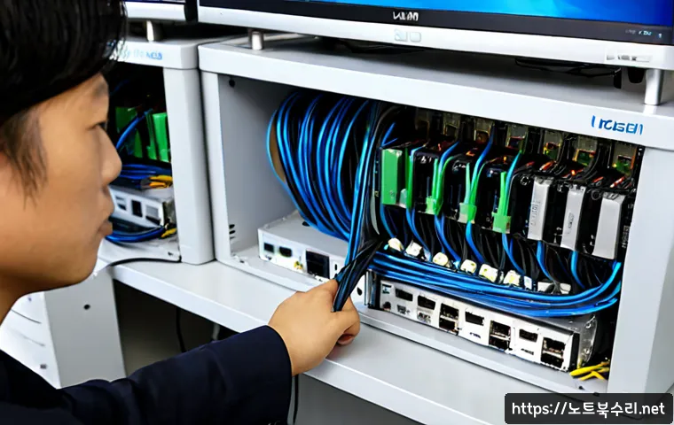 포천시 케이블연결확인 - Photorealistic IT support workstation in Pocheon, South Korea, technician verifying Ethernet cable c...