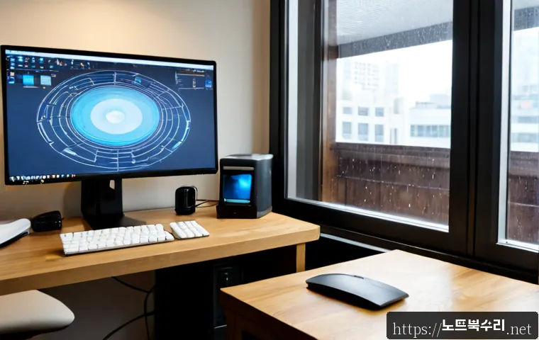 은행동 STATUS_DEVICE_NOT_READY - Photorealistic IT support workstation in a compact downtown office, designer using a dual-monitor CA...