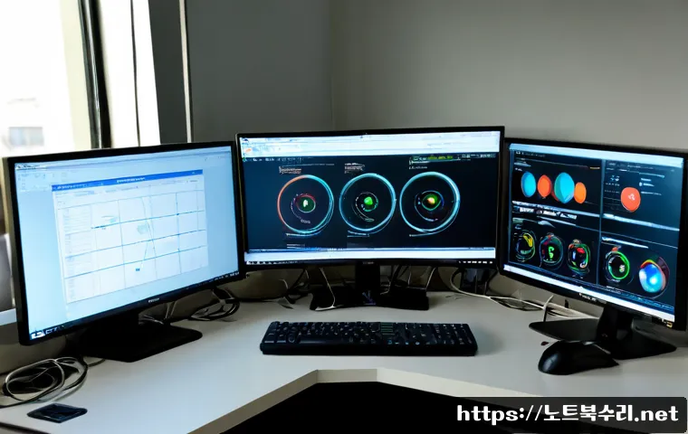 대방동 STATUS_KERNEL_CONNECTION_TIMEOUT - Photorealistic IT support workstation in a compact Daebang-dong office, dual monitors showing abstra...