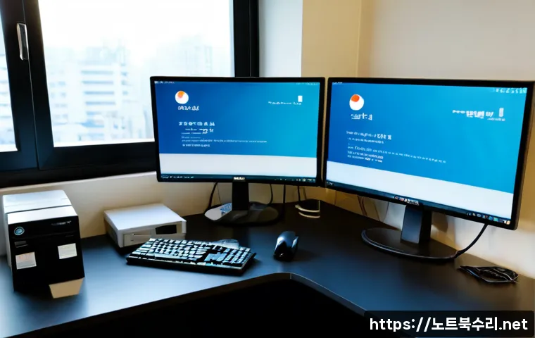 외삼미동 UDFS_FILE_SYSTEM - Photorealistic IT support workstation in a quiet suburban office near a low-rise Korean business dis...