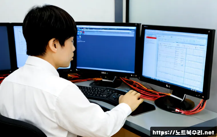 서린동 STATUS_INVALID_SESSION - Photorealistic IT support workstation in a compact central Seoul office, technician examining a dual...