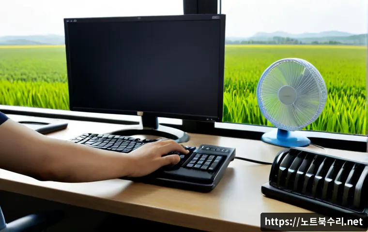흥천면 팬돌다 멈춤 - Photorealistic rural office workstation, a desktop computer showing a clean unbranded CAD-style inte...