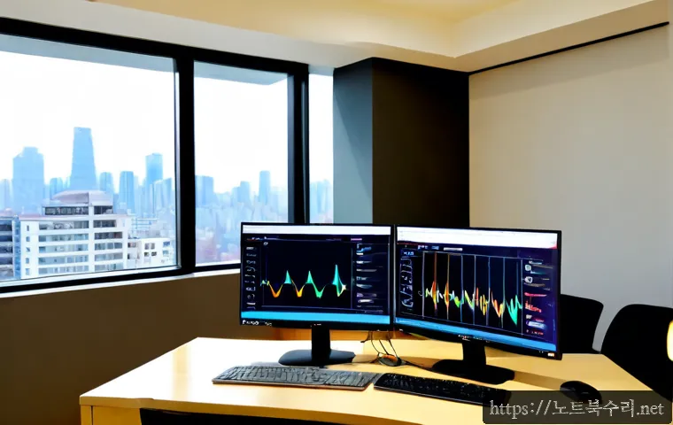 구월동 USER_MODE_HEALTH_MONITOR - Photorealistic remote health-monitoring workstation in a modern Guwol-dong apartment office, dual mo...