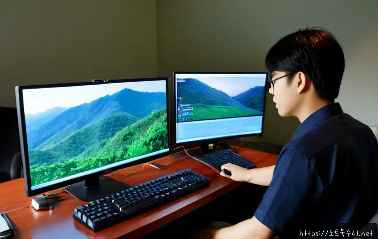 회덕동 STATUS_IMAGE_ACCESS_DENIED - Photorealistic IT support workstation in a quiet Korean suburban office near low wooded hills, dual ...