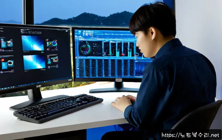 청구동 STATUS_KERNEL_THREAD_FAILURE - Photorealistic IT support workstation in a compact Seoul hillside office, dual monitors showing abst...