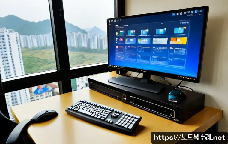 송파구 윈도우7 windows7 재설치 포맷  초기화 - Photorealistic remote-support workstation in a Songpa apartment home office, desktop computer showin...