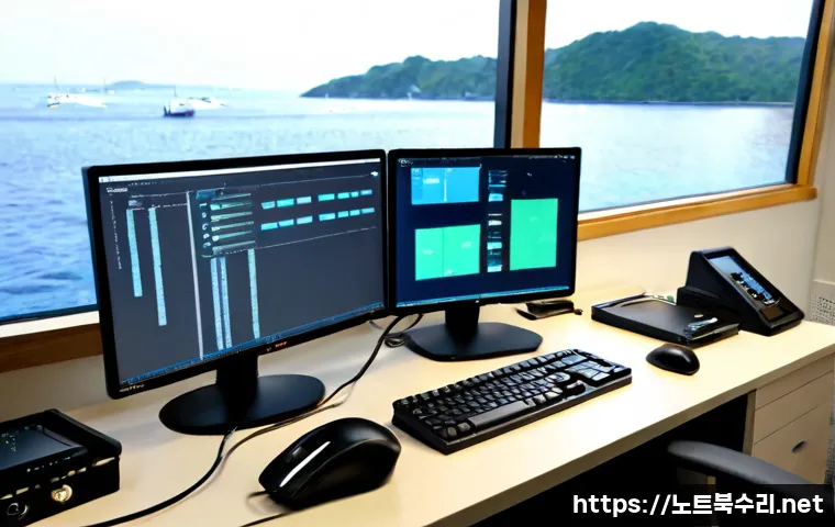 옹진군 STATUS_STACK_UNDERFLOW - Photorealistic remote-support workstation in a coastal county office, dual monitors showing abstract...