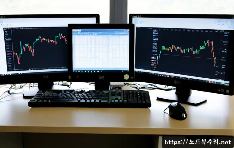 중부면 PAGE_TABLE_CORRUPT - Photorealistic IT support workstation in a quiet semi-rural Korean township office, dual monitors di...