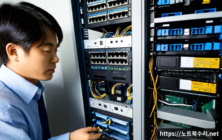 도당동 NAS출장방문수리점 - Photorealistic NAS onsite repair workstation in a compact Korean apartment office, technician connec...