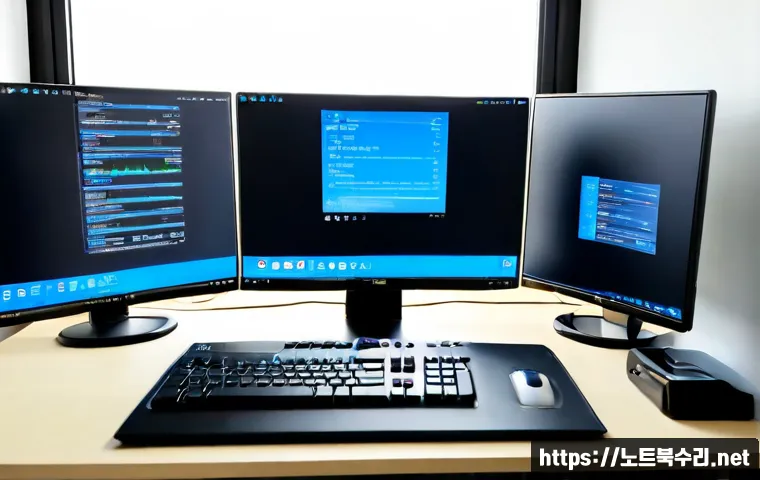 부흥동 IRQL_NOT_LESS_OR_EQUAL - Photorealistic IT support workstation in a compact Buheung-dong apartment office, dual monitors show...