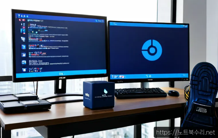 진리동 INACCESSIBLE_BOOT_DEVICE - Photorealistic IT support workstation in a compact Jinri-dong apartment office, dual monitors showin...