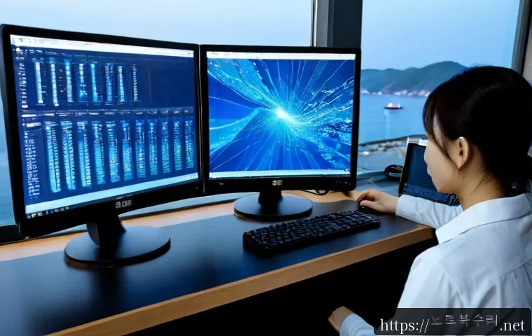 연안동 STATUS_KERNEL_HEAP_CORRUPTION - Photorealistic coastal district IT office at dawn, desktop workstation displaying an abstract blue s...