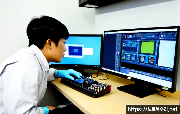 비전동 HARDWARE_FAILURE - Photorealistic computer repair workstation in a compact Vision-dong electronics office, open desktop...