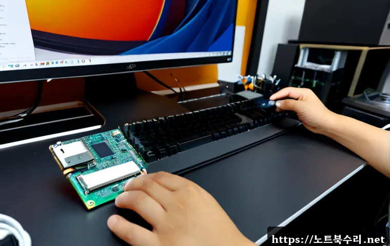 야동동 SSD조립 및 교체수리 - Photorealistic electronics repair workstation, technician carefully installing a compact NVMe SSD in...