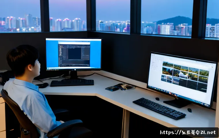 미성동 STATUS_INVALID_SESSION - Photorealistic IT support workstation in a compact Miseong-dong apartment office, dual monitors show...