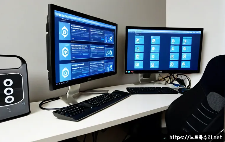 목감동 STATUS_INVALID_DEVICE_REQUEST - Photorealistic remote-support workstation in a modern Mokgam-dong apartment office, dual monitors sh...